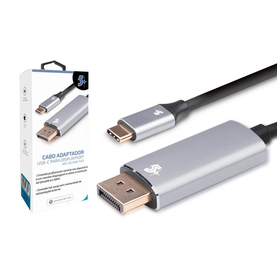Cabo Adaptador 5+ USB-C para DisplayPort Macho 4K 60Hz - 1.8m ATC-02 (018-7451)