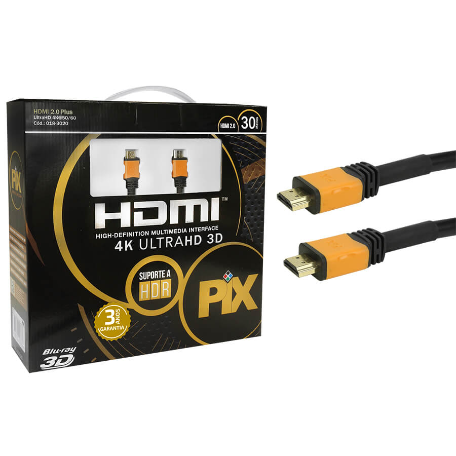 Cabo HDMI 30m PIX PLUS 2.0-HDR 19P-4K C/REPETIDOR (018-3020)