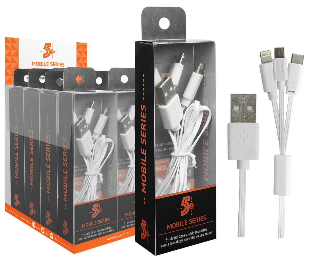 Cabo USB 5+ Universal 3x1 Tipo C/Micro USB/Lightning Branco 1m (018-0061)