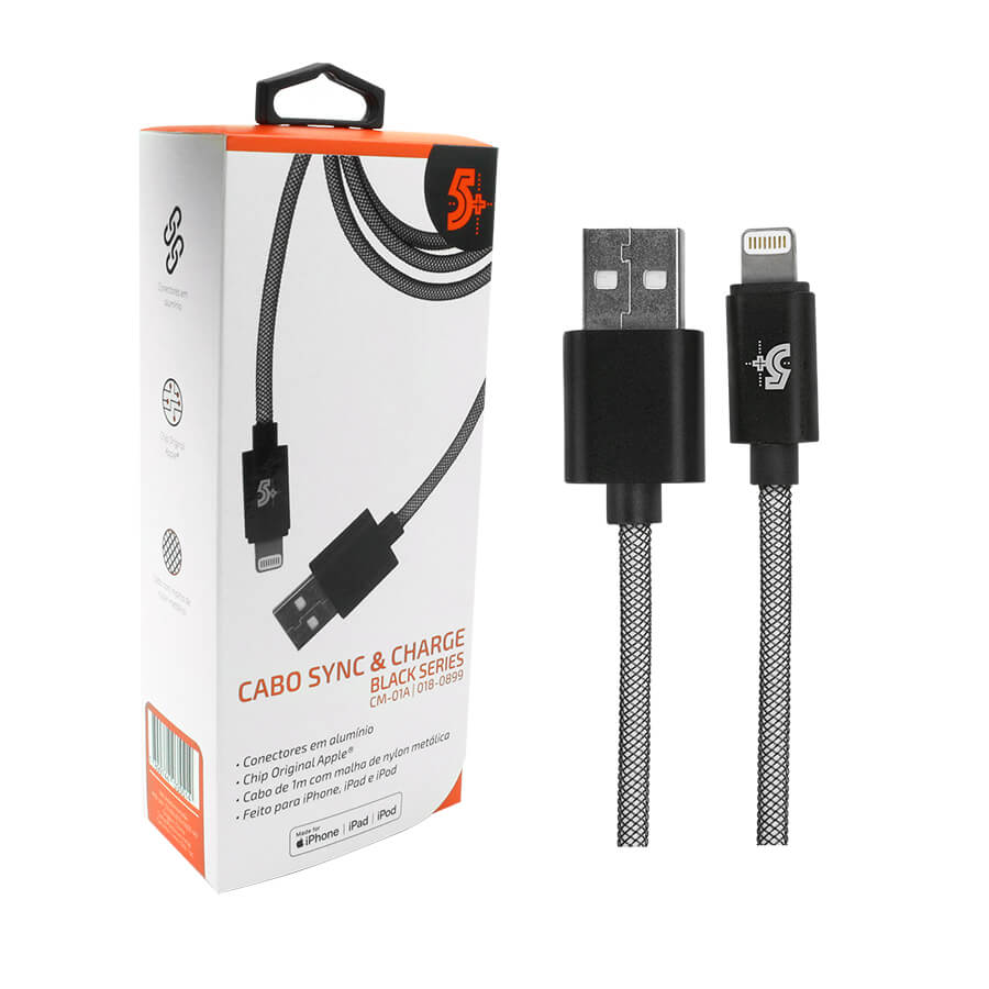 Cabo USB 5+ Iphone Lightning Sync & Charge Black Series 1m CM 01A (018-0899)