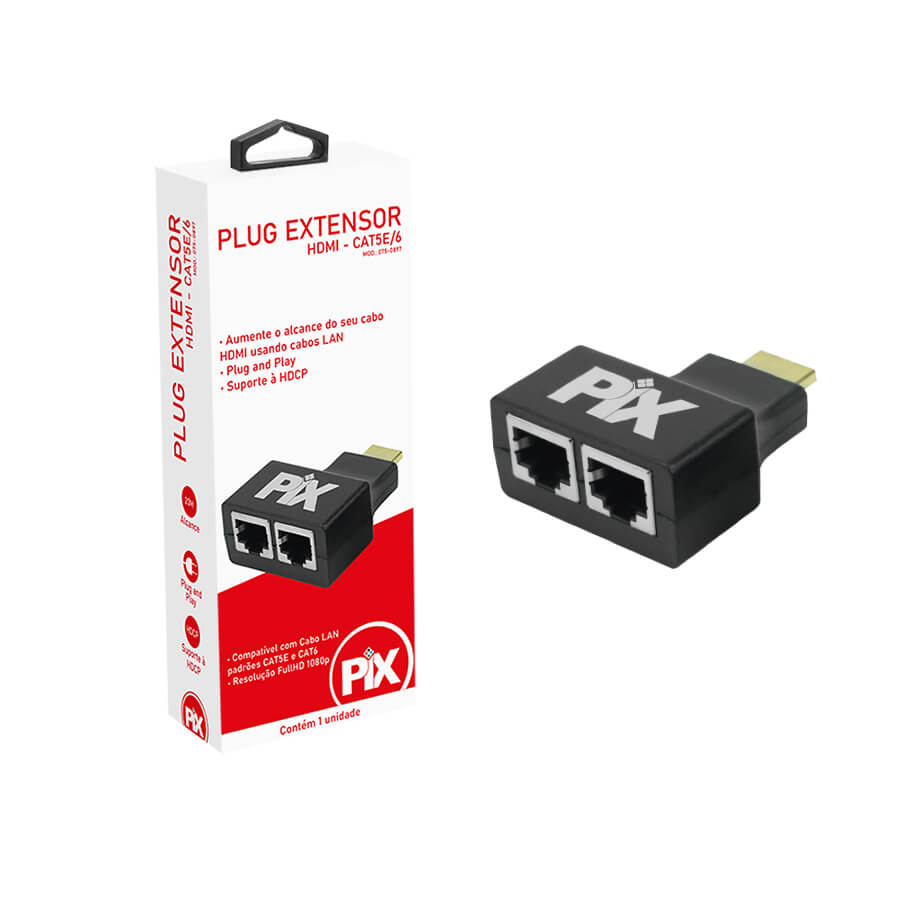 Plug Extensor HDMI p/Cabo de Rede Cat 5e/6 (até 20m) PIX (075-0897)