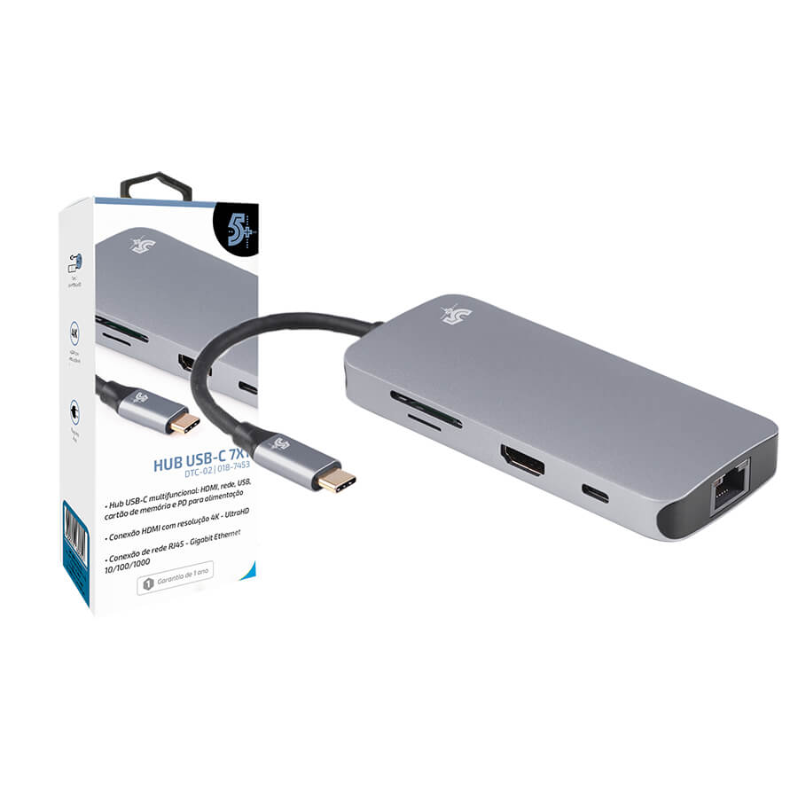 Hub USB-C 5+ 7X1 para HDMI, RJ45, USB 3.0, Micro SD, SD, USB-C/F Pd DTC-02 (018-7453)