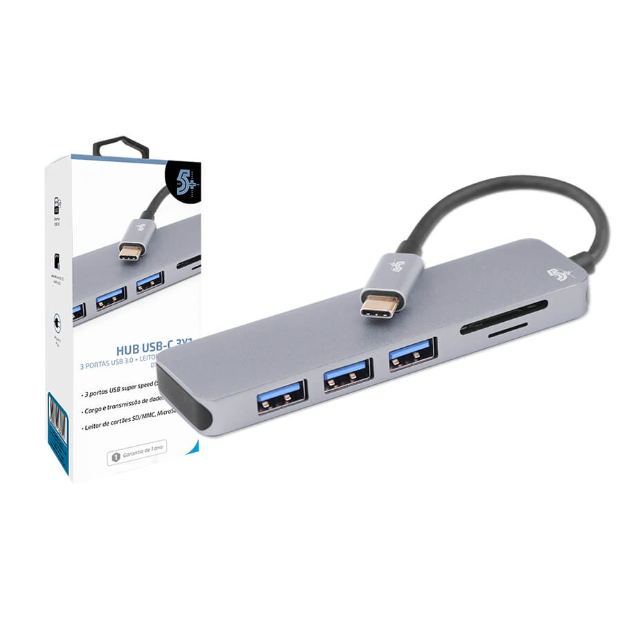 Hub 5+ USB-C para 3 USB 3.0 + Leitor SD e Micro SD/TF DTC 01 (018-7452)